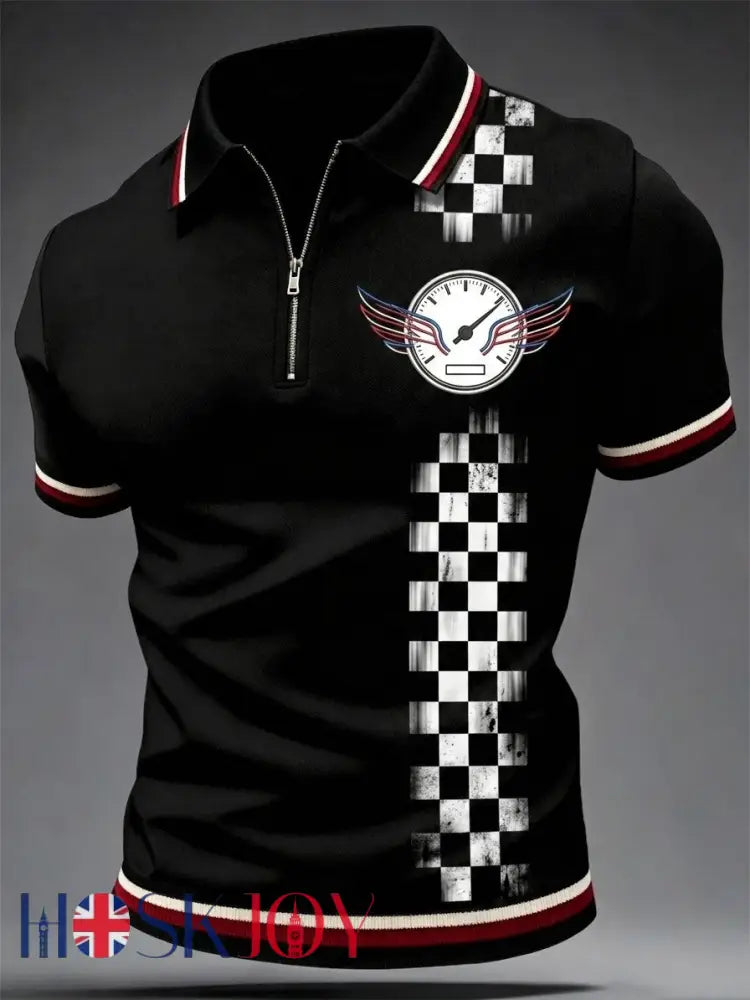 Men’s Modern Culture Lover Speedometer Wings Printed Zipper Short-Sleeve T-Shirt - Black / S