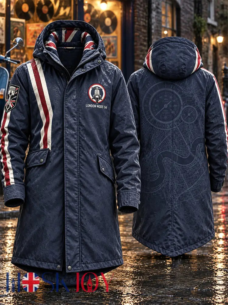 Men’s Mods Culture UK Music Lover Business Style Printed Long Coat - Deep Blue / S