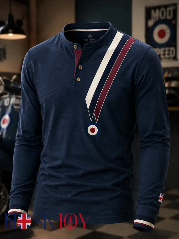 Men’s Mods Culture UK Music Lover Business Style Printed Long-Sleeve Henley Top - Deep Blue / S