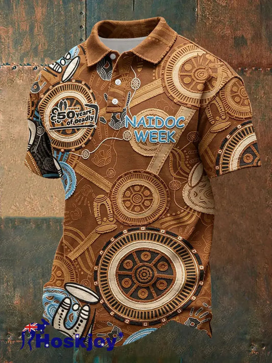 Men’s Naidoc Week Aboriginal Spirit Art Printed Casual Tops - Coffee / S
