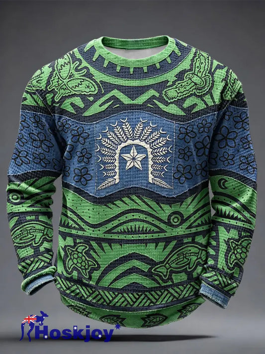 Men’s Naidoc Week Aboriginal Spirit Art Printed Waffle Tops - Green / S