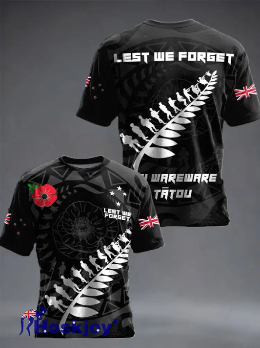 Men’s New Zealand Veteran Lest We Forget Printed T-shirt - Black / S