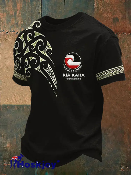 Men’s NZ Maori Art Kia Kaha Printed T-shirt Black / S