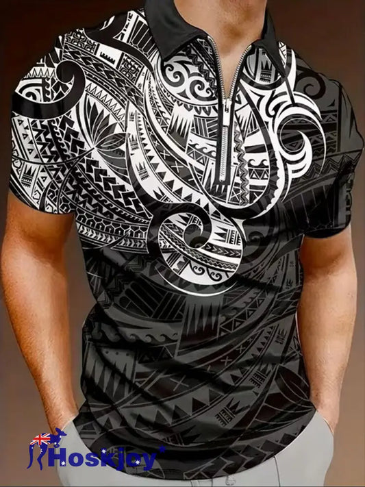 Men’s NZ Maori Art Printed Casual Tops - Black / S