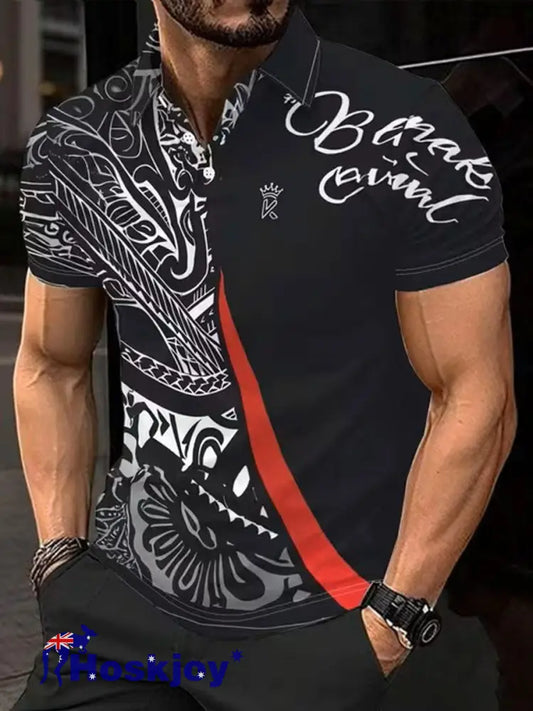 Men’s NZ Maori Art Printed Casual Tops - Black / S