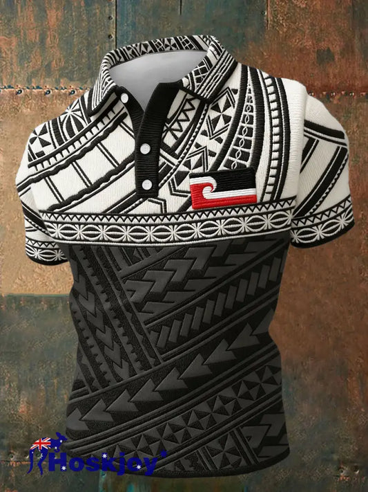 Men’s NZ Maori Art Printed Casual Tops - Black / S