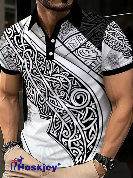 Men’s NZ Maori Art Printed Casual Tops - Black / S