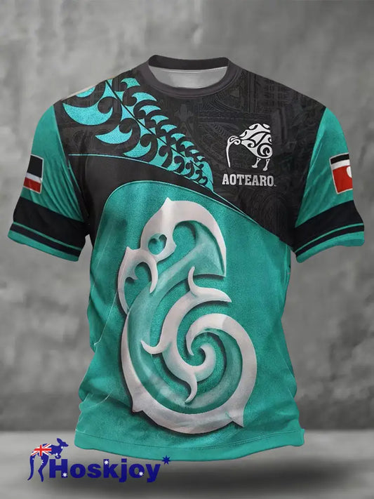 Men’s NZ Maori Art Printed T-shirt - Blue-Green / S