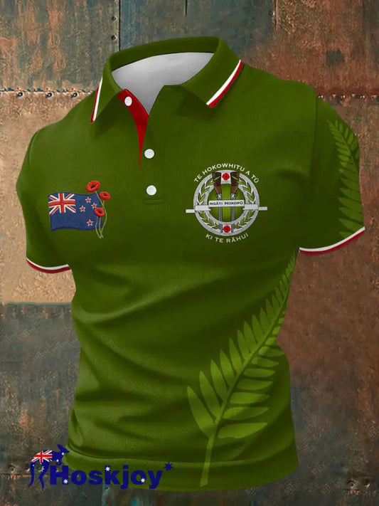 Men’s NZ Maori Veteran Anzac Day Printed Casual Tops - Army Green / S
