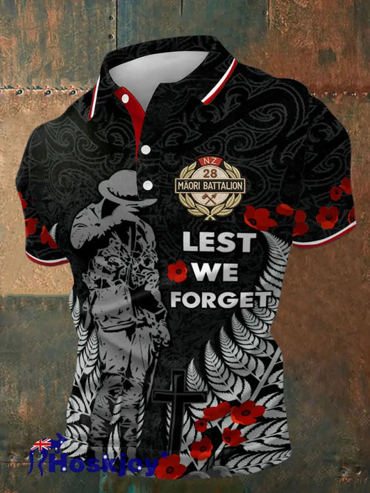Men’s NZ Maori Veteran Anzac Day Printed Casual Tops - Black / S
