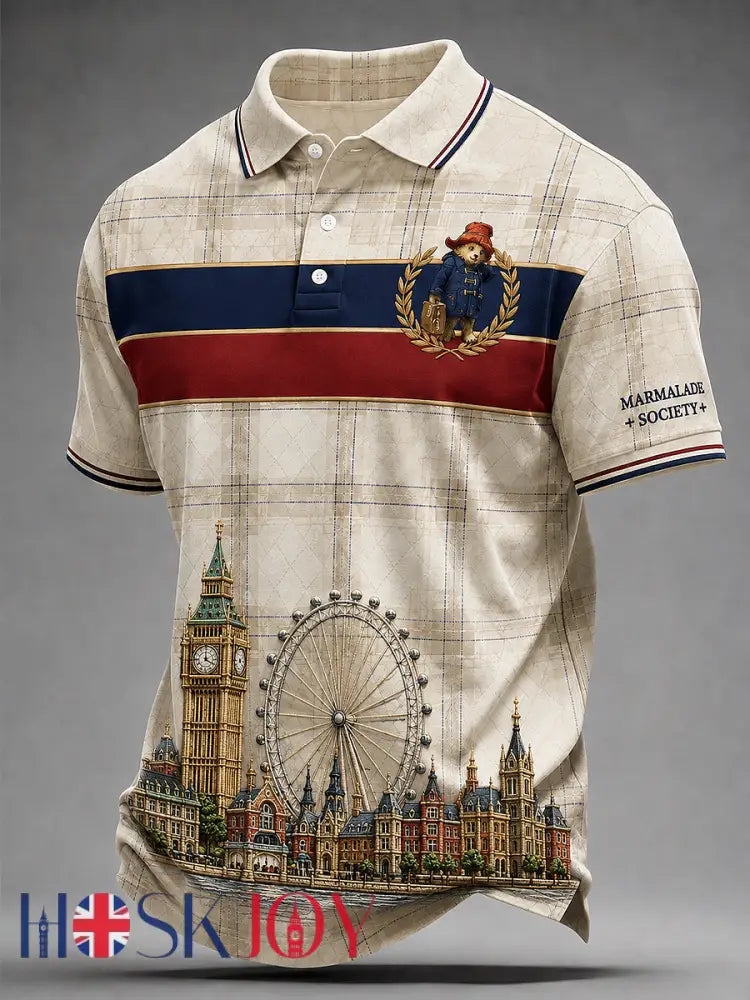 Men’s Paddington Bear Print Polo Collar Casual Short Sleeved Shirt - Apricot / S