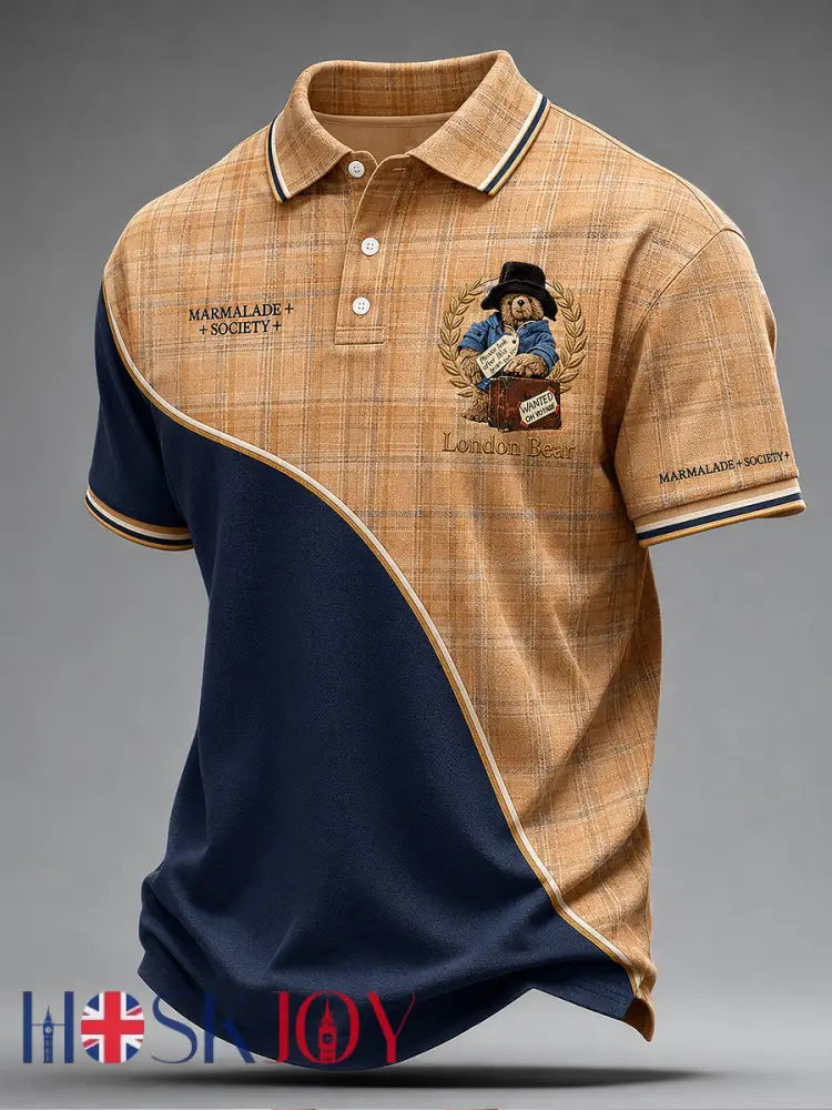 Men’s Paddington Bear Print Polo Collar Casual Short Sleeved Shirt - Apricot / S