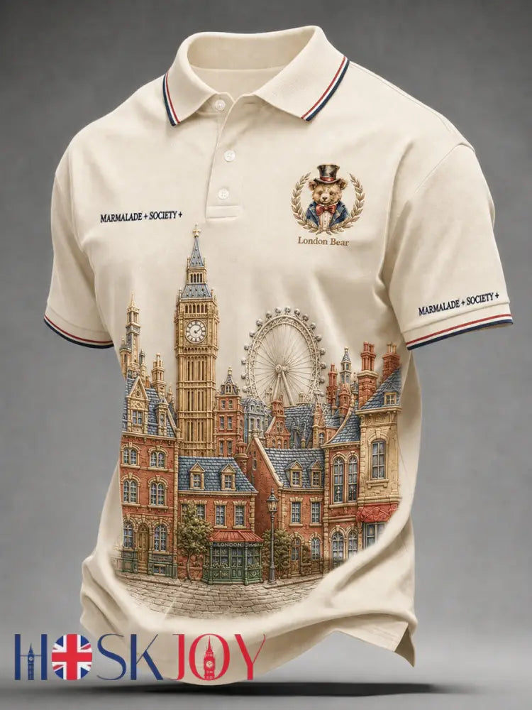 Men’s Paddington Bear Print Polo Collar Casual Short Sleeved Shirt - Apricot / S