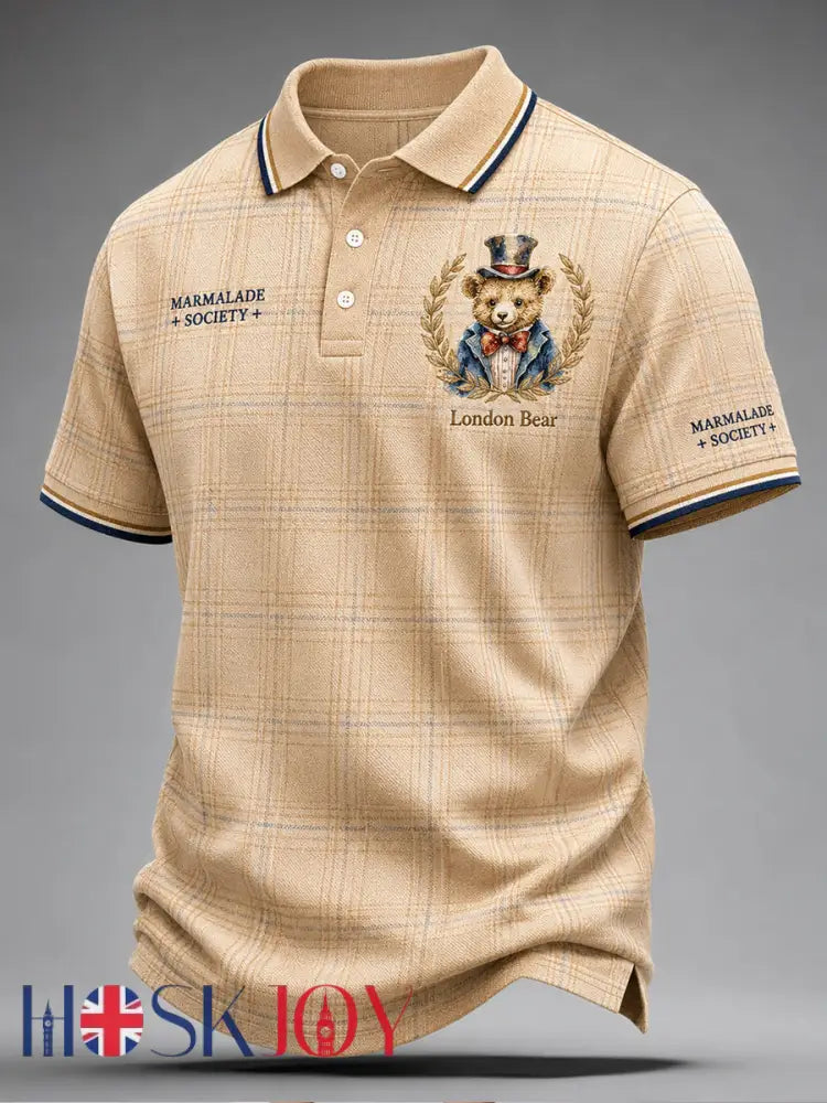 Men’s Paddington Bear Print Polo Collar Casual Short Sleeved Shirt - Apricot / S