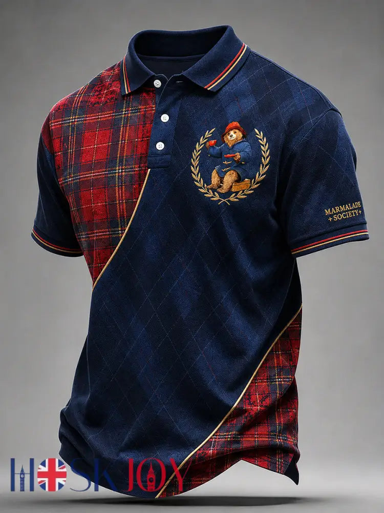 Men’s Paddington Bear Print Polo Collar Casual Short Sleeved Shirt - Deep Blue / S