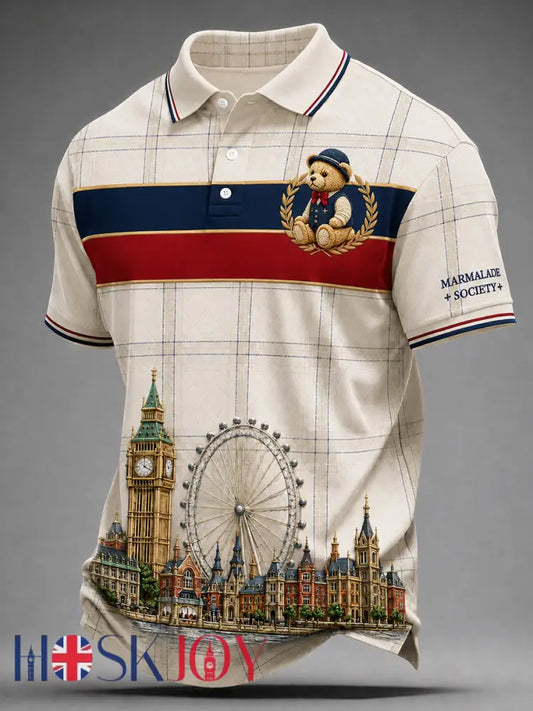 Men’s Paddington Bear Print Polo Collar Casual Short Sleeved Shirt - Apricot / S