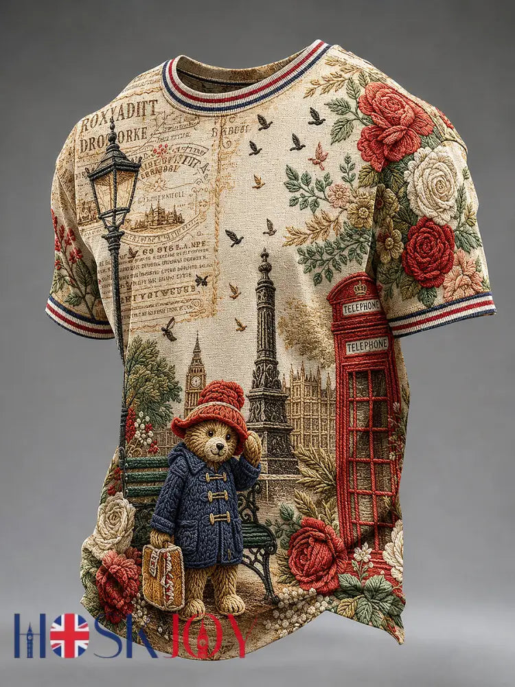 Men’s Paddington Bear Printed Vintage Fashion Loose Short Sleeve T-Shirt - Apricot / S