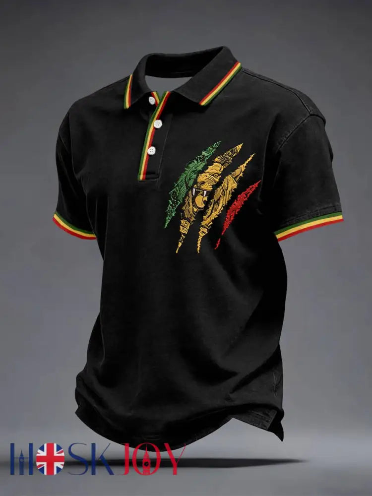 Men’s Reggae Lion Embroidery Pattern Polo Shirt - Black / S