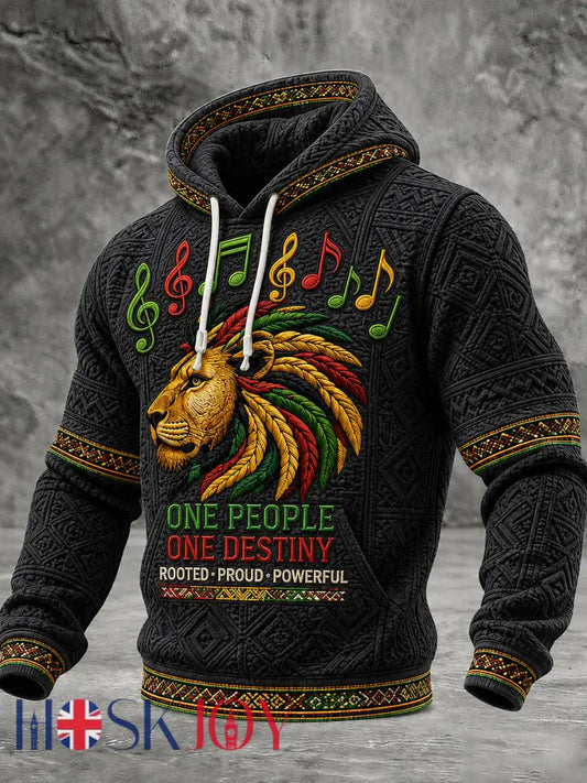 Men’s Reggae Music Printed Waffle Long Sleeved Hooded Sweatshirt - Black / S