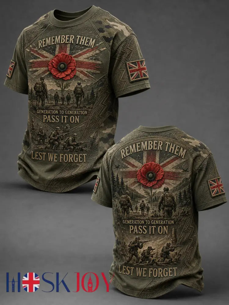 Men’s REMEMBER THEM GENERATION TO GENERATION PASS IT ON LEST WE FORGET t-shirt - Army Green / S