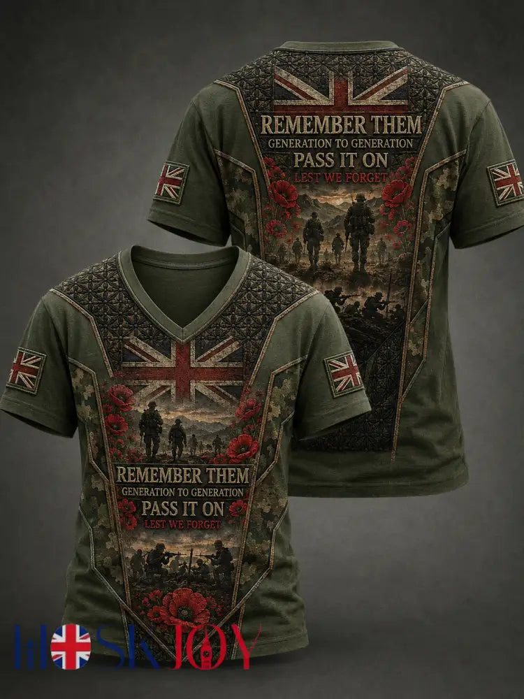 Men’s REMEMBER THEM GENERATION TO GENERATION PASS IT ON LEST WE FORGET V-neck T-shirt - Army Green / S