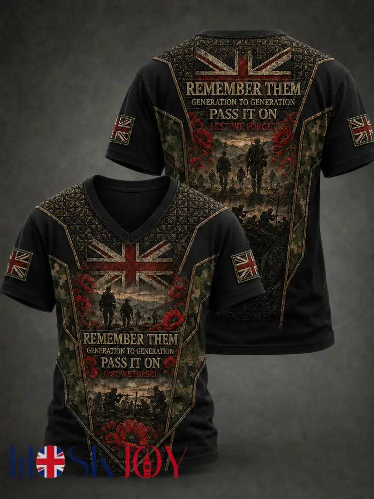Men’s REMEMBER THEM GENERATION TO GENERATION PASS IT ON LEST WE FORGET V-neck T-shirt - Black / S