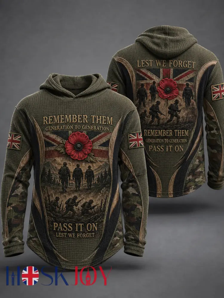 Men’s REMEMBER THEM GENERATION TO GENERATION PASS IT ON LEST WE FORGET Waffle Hoodie - Army Green / S