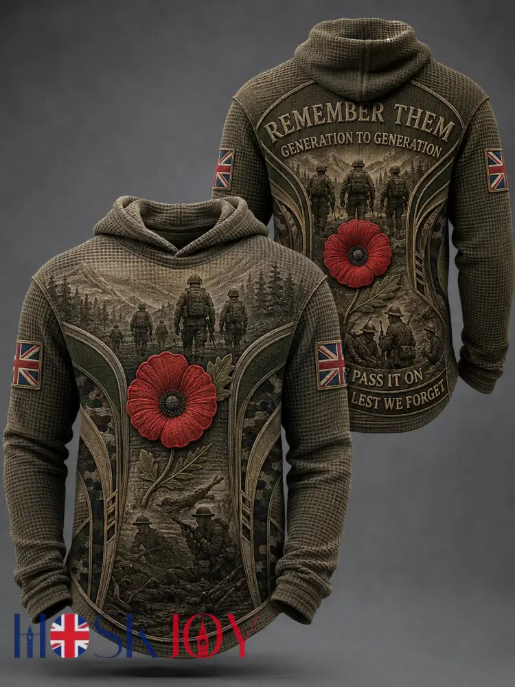 Men’s REMEMBER THEM GENERATION TO GENERATION PASS IT ON LEST WE FORGET Waffle Hoodie - Army Green / S