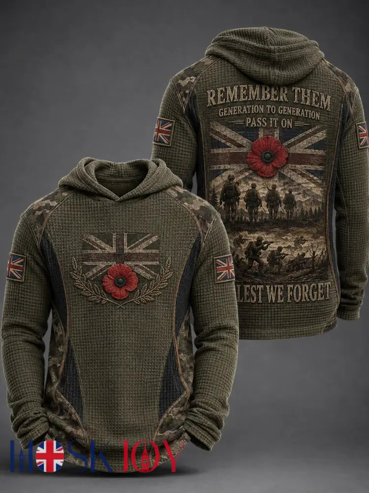 Men’s REMEMBER THEM GENERATION TO GENERATION PASS IT ON LEST WE FORGET Waffle Hoodie - Army Green / S