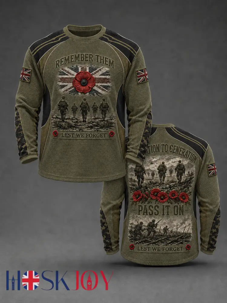Men’s REMEMBER THEM GENERATION TO GENERATION PASS IT ON LEST WE FORGET Waffle Long Sleeve T-Shirt - Army Green / S