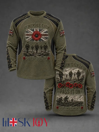 Men’s REMEMBER THEM GENERATION TO GENERATION PASS IT ON LEST WE FORGET Waffle Long Sleeve T-Shirt - Army Green / S