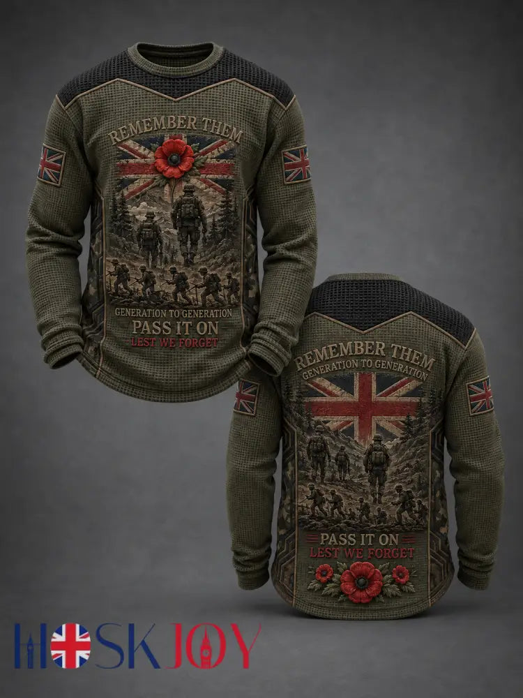 Men’s REMEMBER THEM GENERATION TO GENERATION PASS IT ON LEST WE FORGET Waffle Long Sleeve T-Shirt - Army Green / S