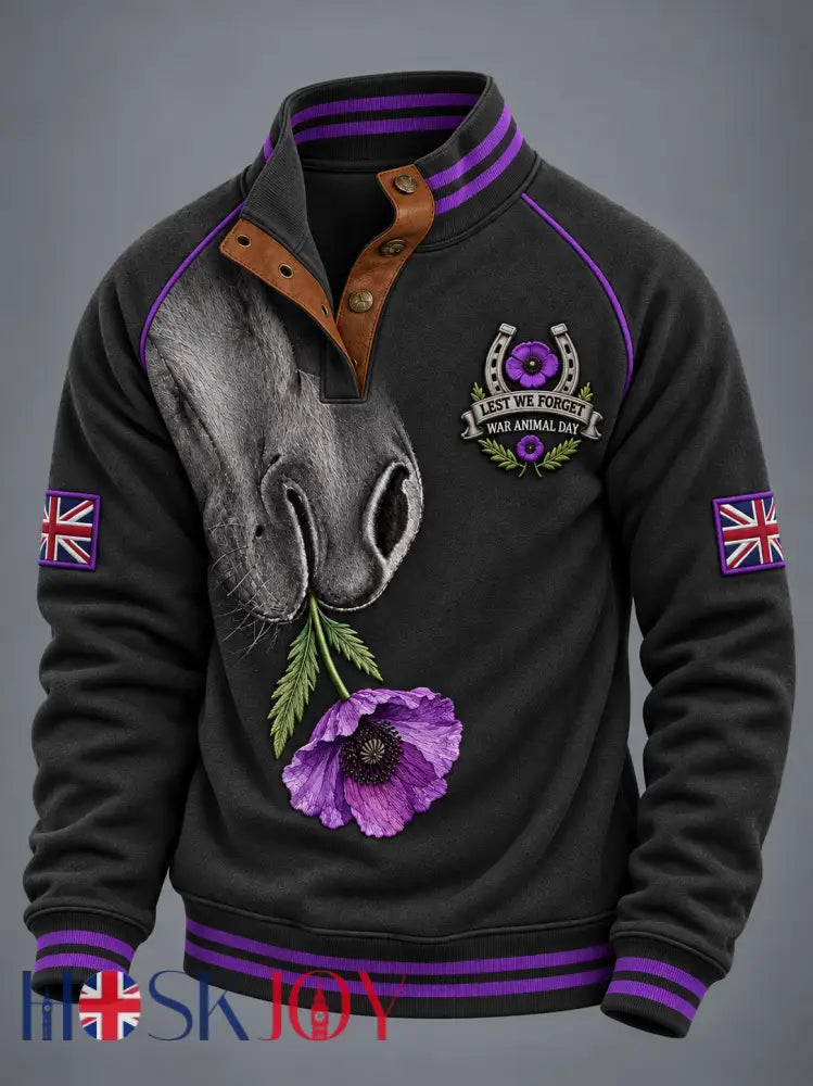 Men’s Remembering The Animals Of War Four-button Hoodie - Black / S