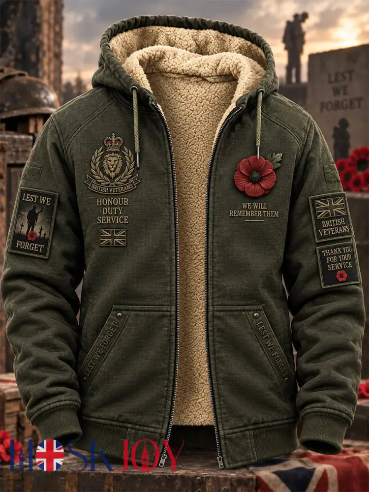 Men’s Remembrance Day Lest We Forget Fleece-Lined Hooded Jacket - Army Green / S