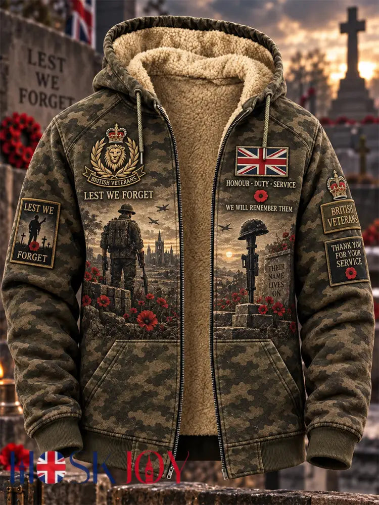 Men’s Remembrance Day Lest We Forget Fleece-Lined Hooded Jacket - Army Green / S