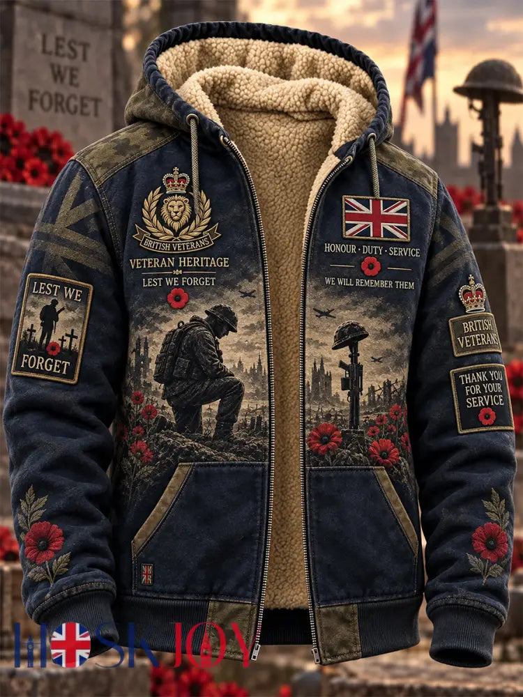 Men’s Remembrance Day Lest We Forget Fleece-Lined Hooded Jacket - Deep Blue / S