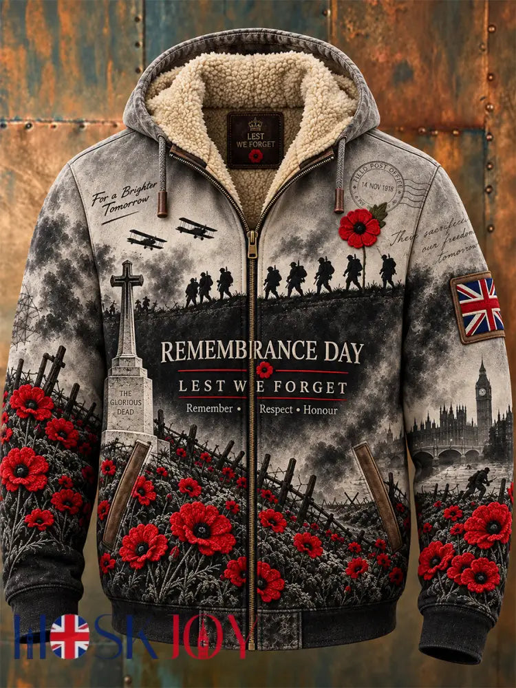 Men’s Remembrance Day Lest We Forget Fleece-Lined Hooded Jacket - Gray / S