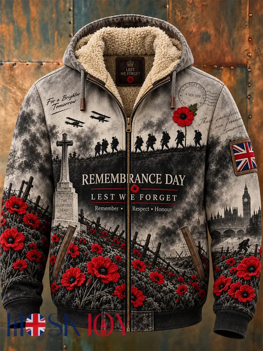 Men’s Remembrance Day Lest We Forget Fleece-Lined Hooded Jacket - Gray / S
