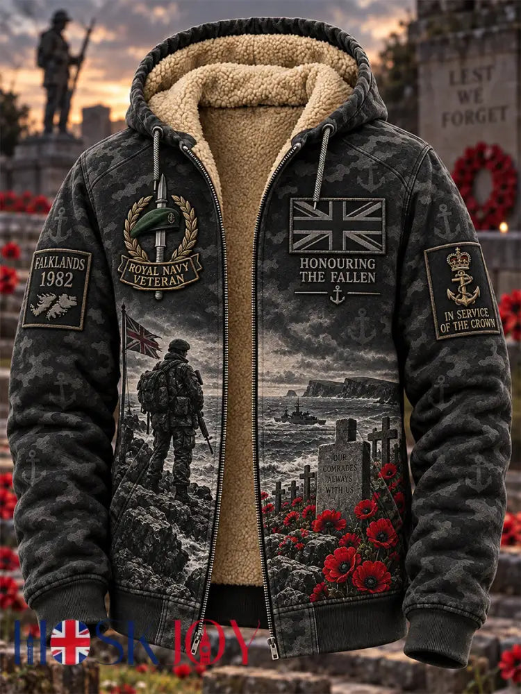 Men’s Remembrance Day Lest We Forget Fleece-Lined Hooded Jacket - Gray / S