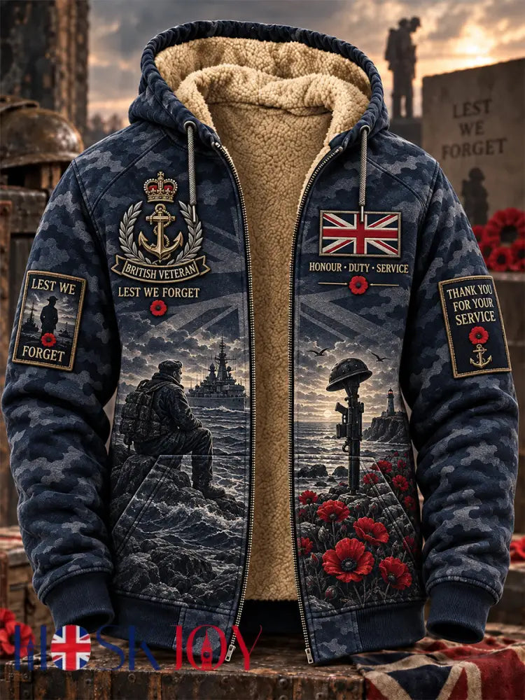 Men’s Remembrance Day Lest We Forget Fleece-Lined Zipper Hoodie - Navy Blue / S