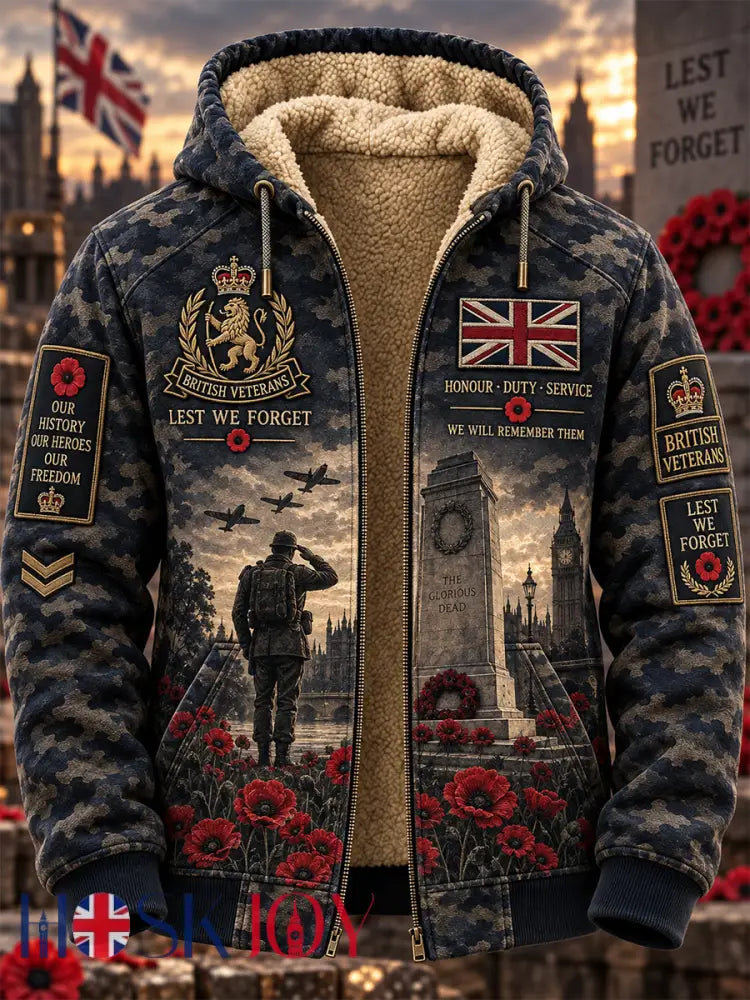 Men’s Remembrance Day Lest We Forget Fleece-Lined Zipper Hoodie - Navy Blue / S