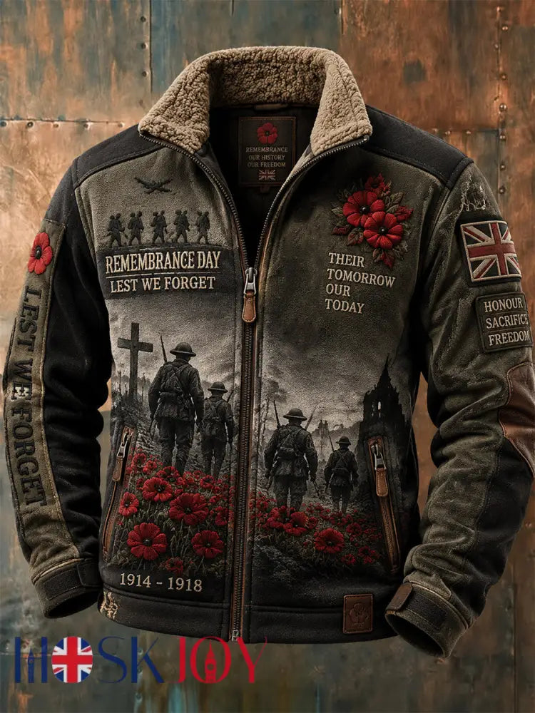 Men’s Remembrance Day Lest We Forget Fur Collar Zip-Up Jacket - Army Green / S