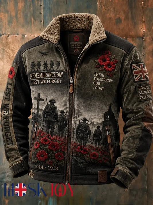 Men’s Remembrance Day Lest We Forget Fur Collar Zip-Up Jacket - Army Green / S