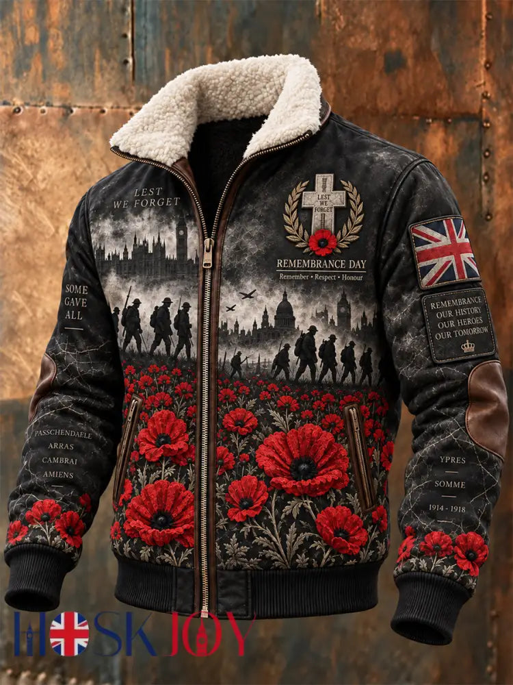Men’s Remembrance Day Lest We Forget Fur Collar Zip-Up Jacket - Black / S