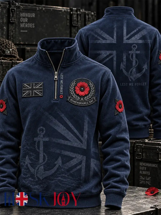 Men’s Remembrance Day Lest We Forget Half-Zip Hoodie - Navy Blue / S