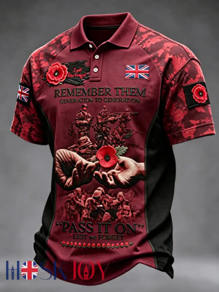 Men’s Remembrance Day Lest We Forget polo shirt - Red / S