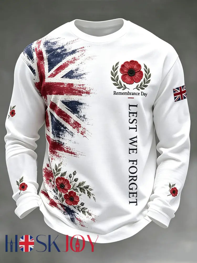 Men’s Remembrance Day Lest We Forget Print Crew Neck Sweatshirt - White / S