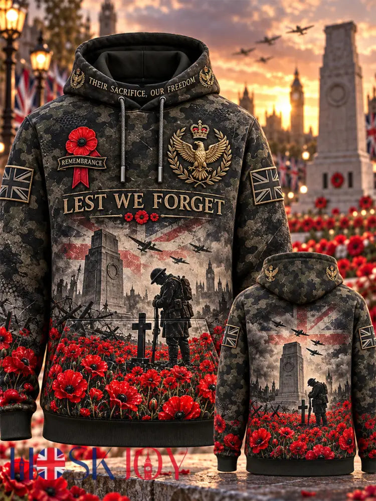 Men’s Remembrance Day Lest We Forget Print Hooded Sweatshirt - Black / S