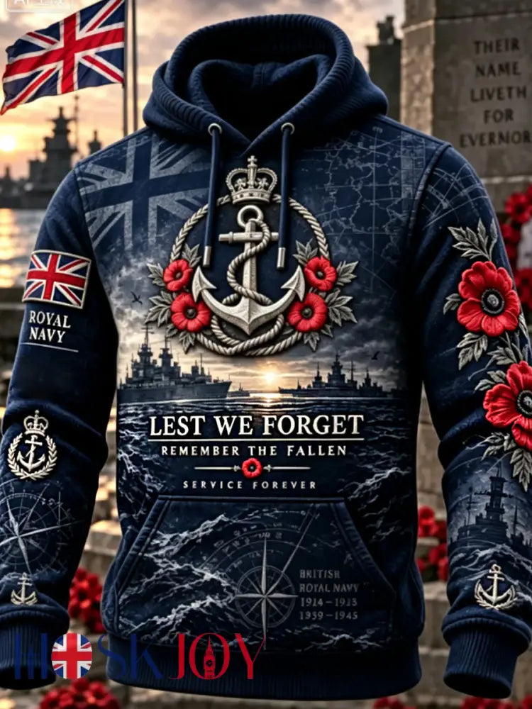 Men’s Remembrance Day Lest We Forget Print Oversized Hoodie - Navy Blue / S