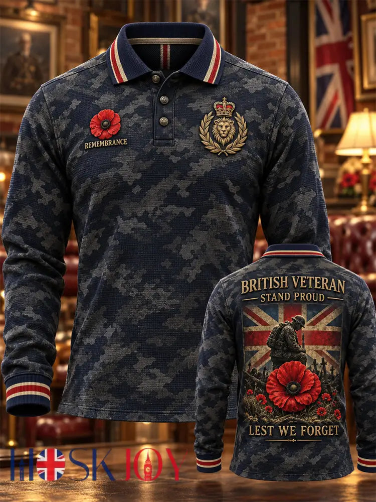 Men’s Remembrance Day Lest We Forget Print Polo Shirt - Navy Blue / S